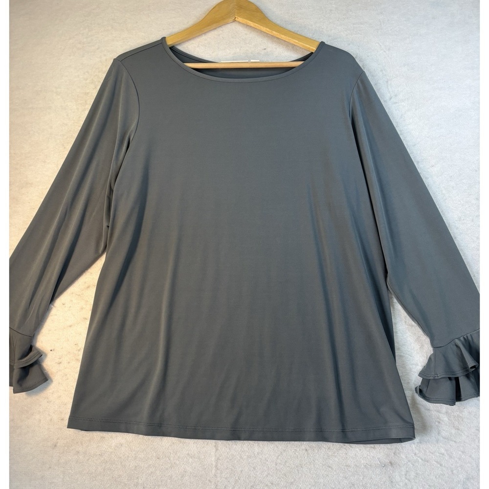 Susan Graver Women's 1X Liquid Knit Gray pullover Top Gray Ruffle Bell‎ Sleeves